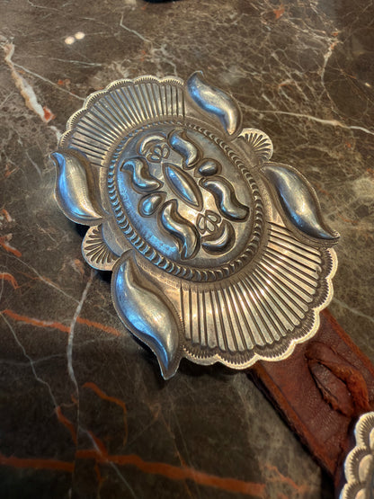 Concho belt, vintage, Repousse oval conchos, Eugene Charley
