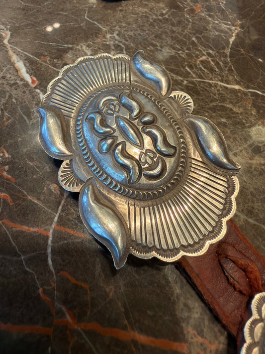 Concho belt, vintage, Repousse oval conchos, Eugene Charley