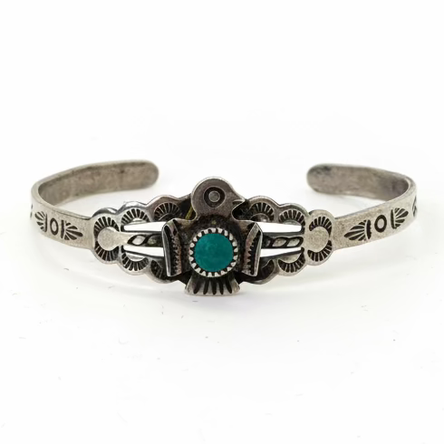 Original 1920s Harvey Era Turquoise Baby Cuff Bracelet, Navajo