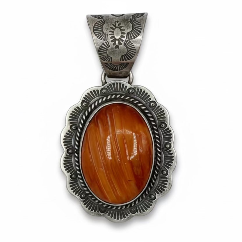 Orange Spiny Oyster Shield Pendant by J. Nelson, Navajo