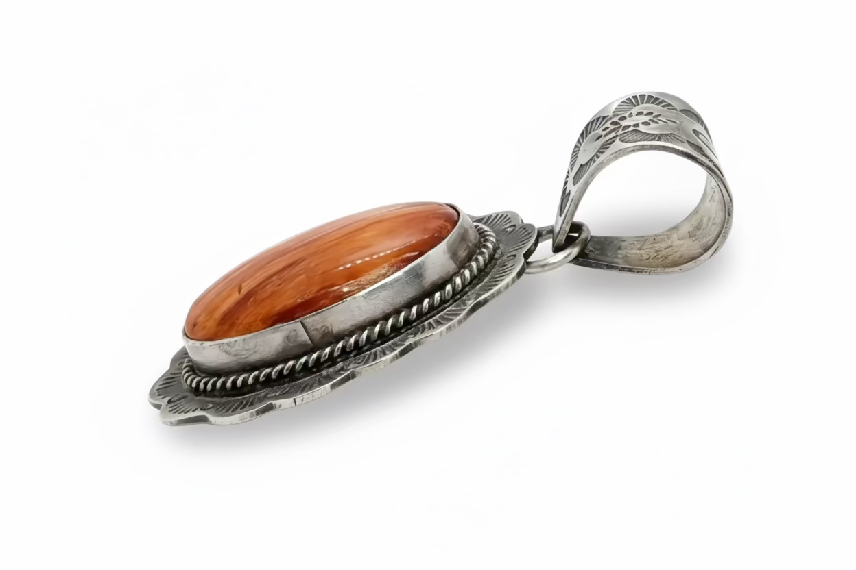 Orange Spiny Oyster Shield Pendant by J. Nelson, Navajo
