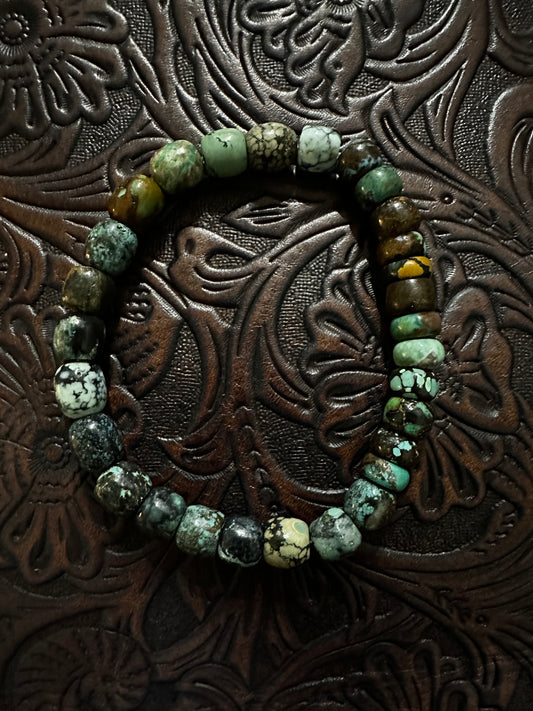 8mm Blue Cloud Mountain Turquoise Barrel Bead Stretch Bracelet (6.5”–8”)