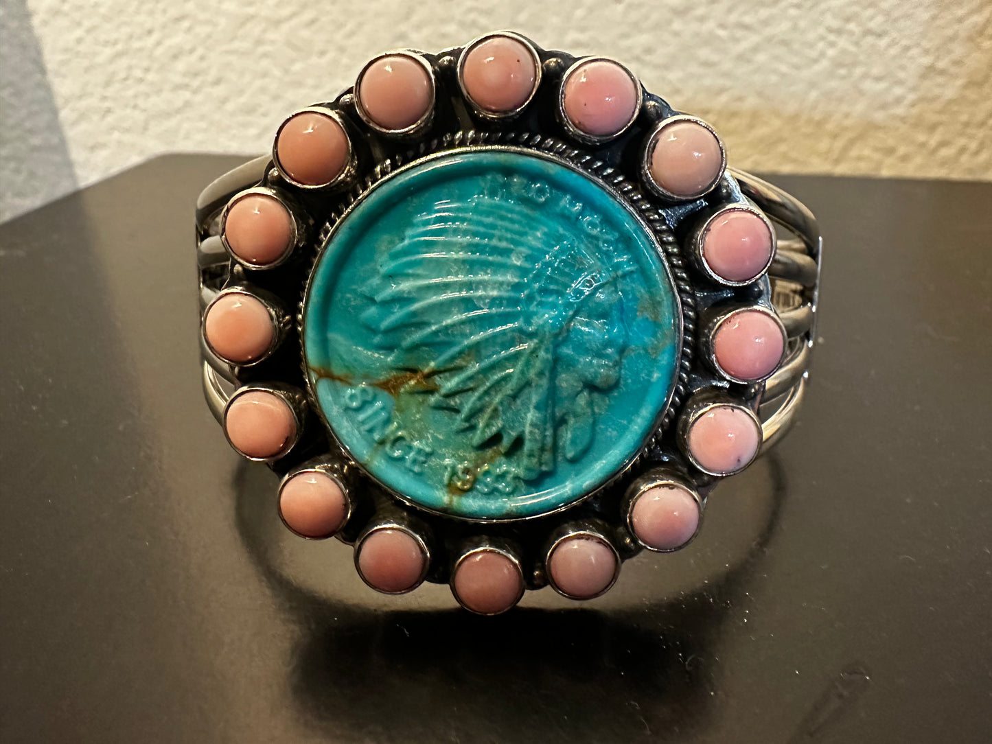 Carved Turquoise Native American Cameo Chieftain Head Five Wire Sterling Silver Cuff with Pink Conch Cabachon Halo