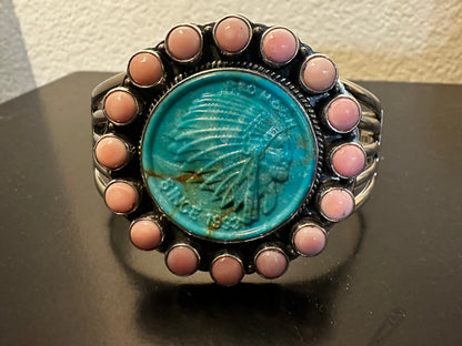 Carved Turquoise Native American Cameo Chieftain Head Five Wire Sterling Silver Cuff with Pink Conch Cabachon Halo