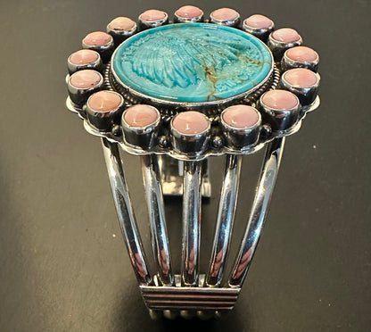 Carved Turquoise Native American Cameo Chieftain Head Five Wire Sterling Silver Cuff with Pink Conch Cabachon Halo