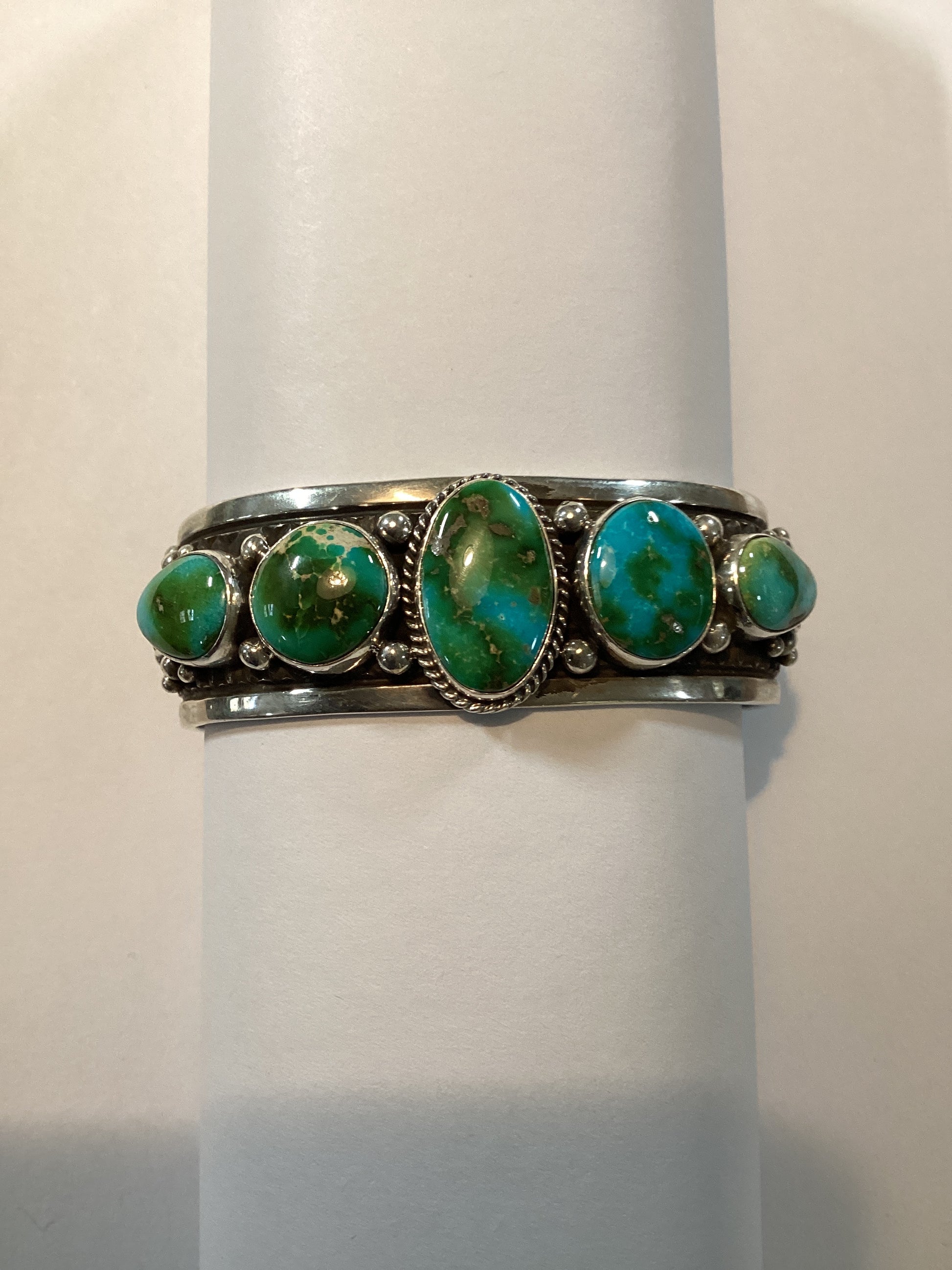 Bracelet, 5-Stone Oval Sonoran Gold, Happy Piasso (1) crafted from Sterling Silver, an exquisite Bracelets Native America designed by Turquoise Mustang.