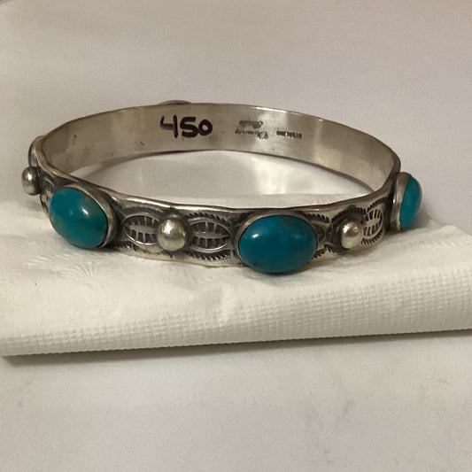 Bangle, Stamped  w 6 oval Turquoise Rounds and flat hot shots, Chimney Butte crafted from Sterling Silver, an exquisite Bangles, Native American designed by Turquoise Mustang.
