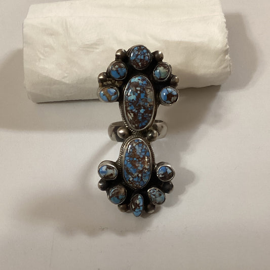 Ring, Golden Hills fine web, 12 stone double cluster, adjustable, Livingston crafted from Sterling Silver, an exquisite Rings Native American designed by Turquoise Mustang.