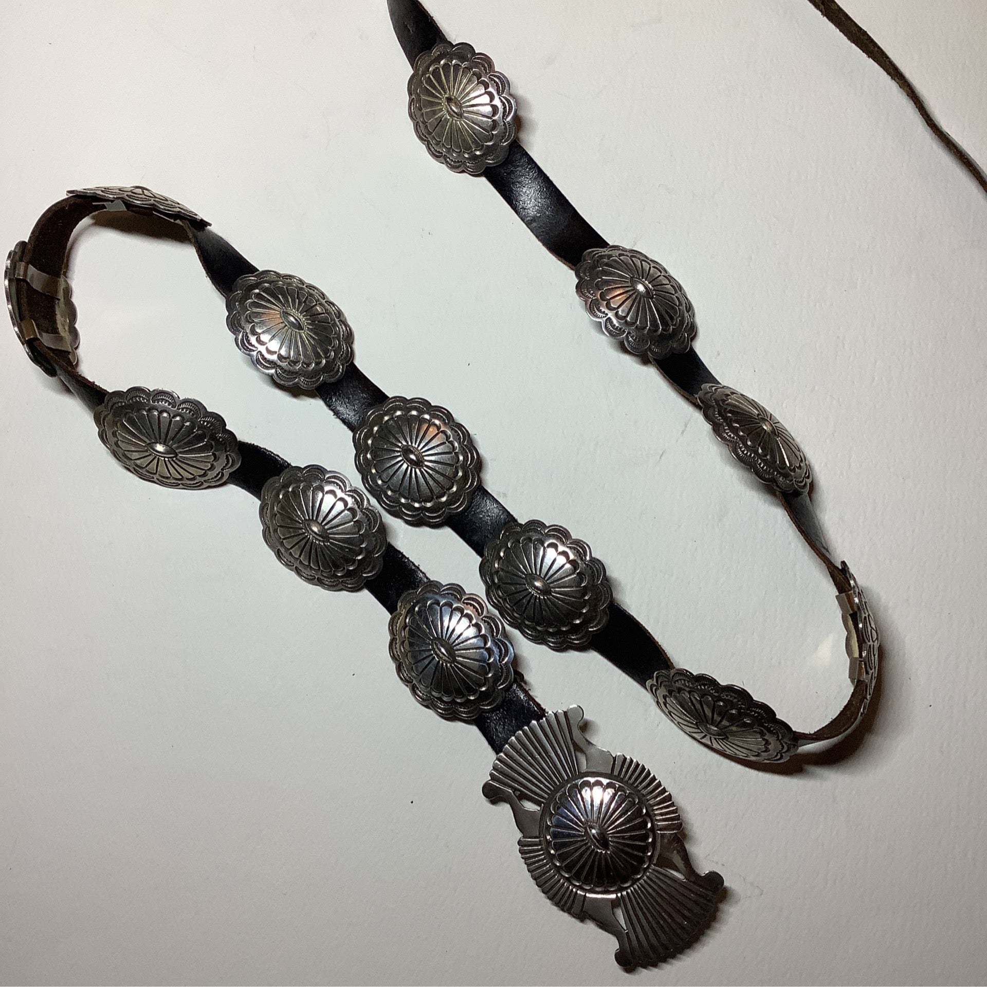 Stampwork Silver Cocnho Belt with 13 Ovals and Butterfly Buckle, Wiullie Shaw crafted from Sterling Silver, an exquisite Concho Belts designed by Turquoise Mustang.