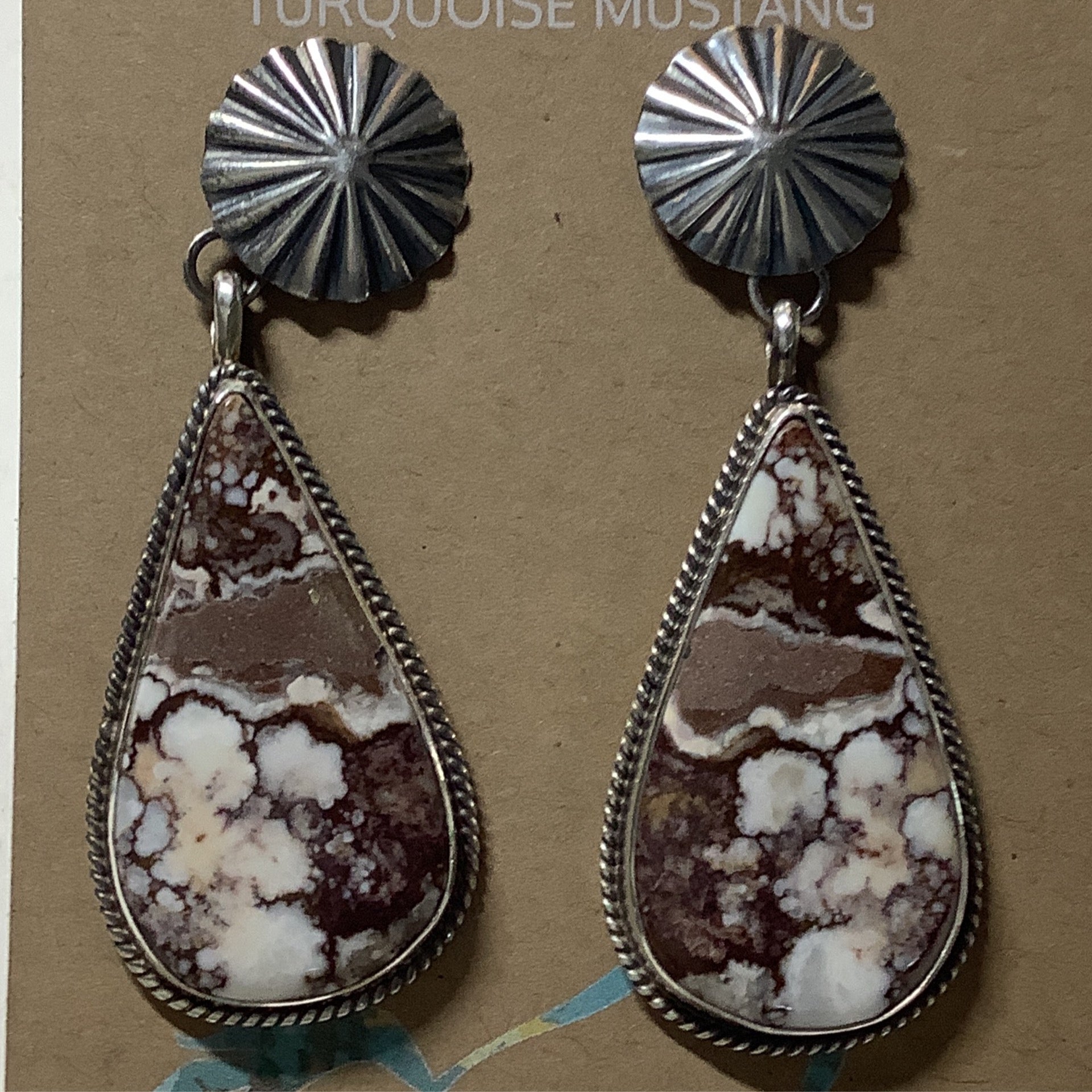 Earring, Starburst Concho posts w/ Wildhorse teardrops, Robert Johnson crafted from Sterling Silver, an exquisite Earrings Native American designed by Turquoise Mustang.