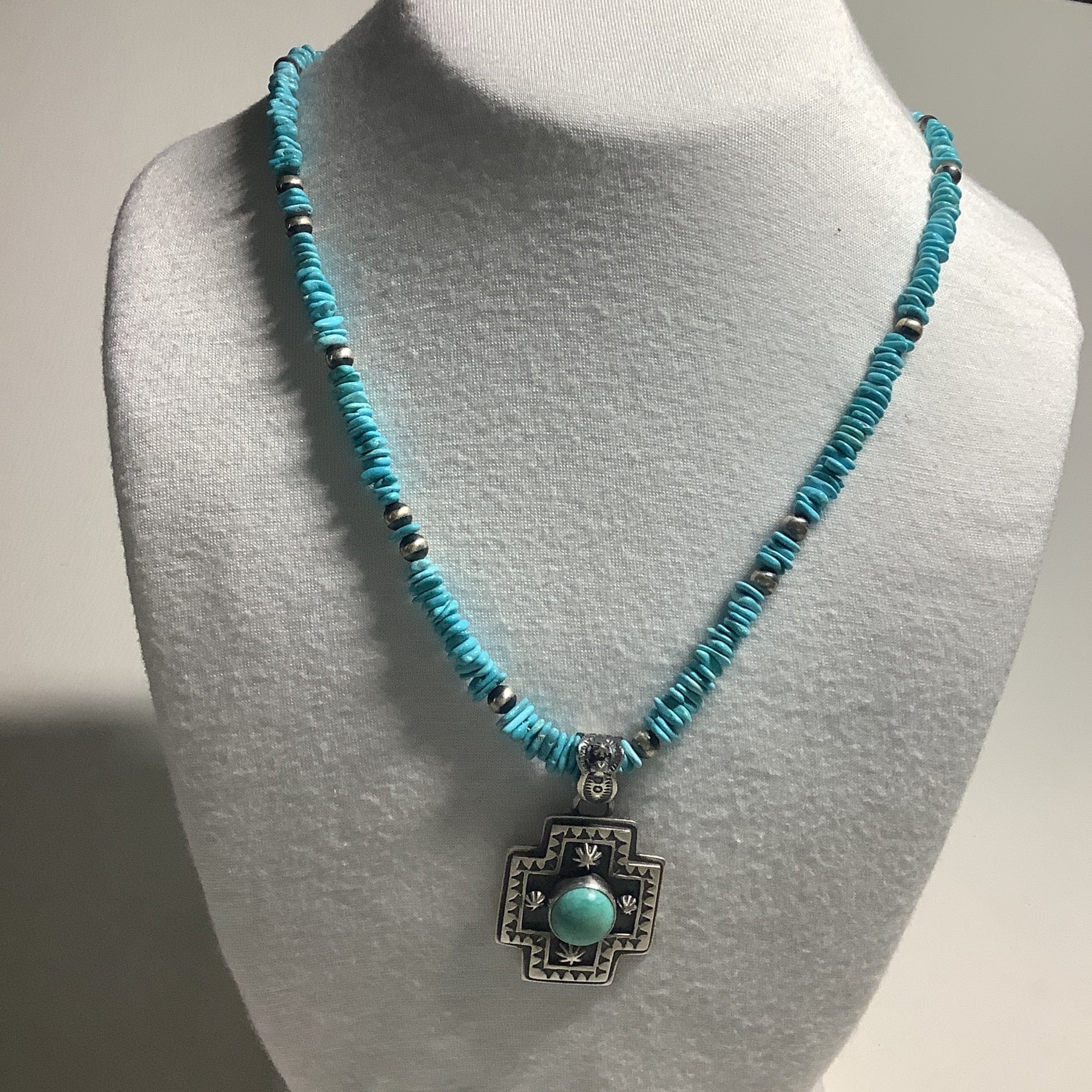 Necklace, 20" Sleeping Beauty Chips w/ 5mm Navajo Pearls & DD Cross Pendant, Turquoise Mustang (1) crafted from Sterling Silver, an exquisite Necklaces designed by Turquoise Mustang.