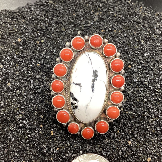 Ring, 16 Stone Cluster White Buffalo with Mediteranean coral bezel, Peterson Johnson (1) crafted from Sterling Silver, an exquisite Rings Native American designed by Turquoise Mustang.