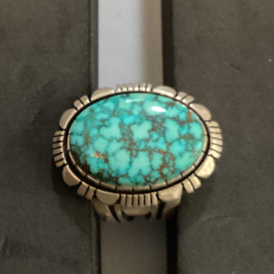 Ring, Stunning Oval Waterweb Kingman, Cut-work Bezel, overlay shank, C. Willie crafted from Sterling Silver, an exquisite Rings Native American designed by Turquoise Mustang.