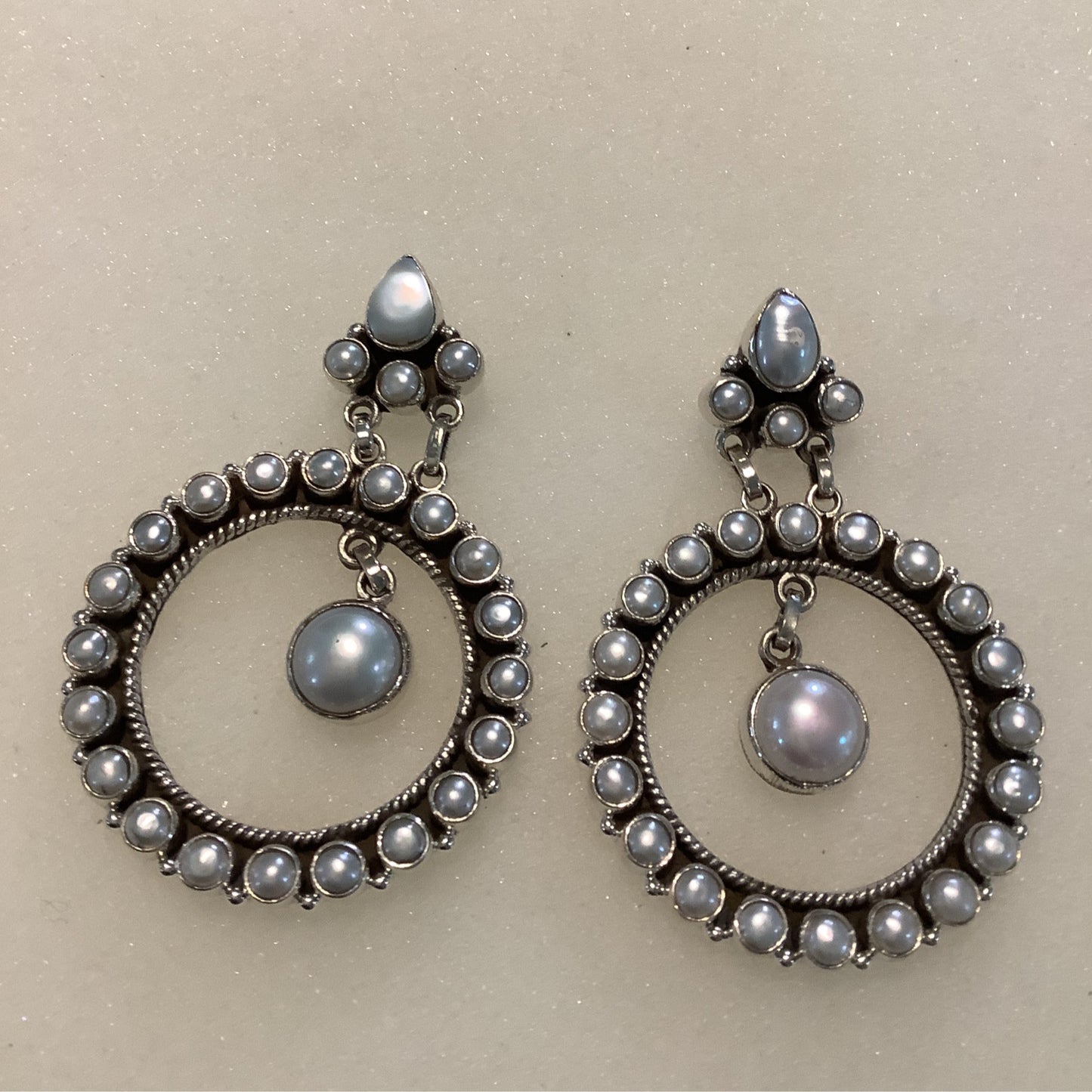 Earrings, Pearl, Pearl Stud with Circle & Pendulum Cluster, DD crafted from Sterling Silver, an exquisite DD Earrings designed by Turquoise Mustang.