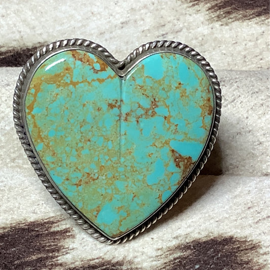 Ring, Large Heart Kingman, Nicely stamped shank, Daryll Cadman crafted from Sterling Silver, an exquisite Rings Native American designed by Turquoise Mustang.