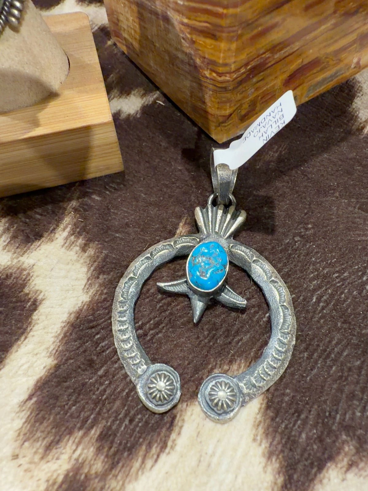 Front of Kevin Billah sterling silver Kingman turquoise Naja pendant