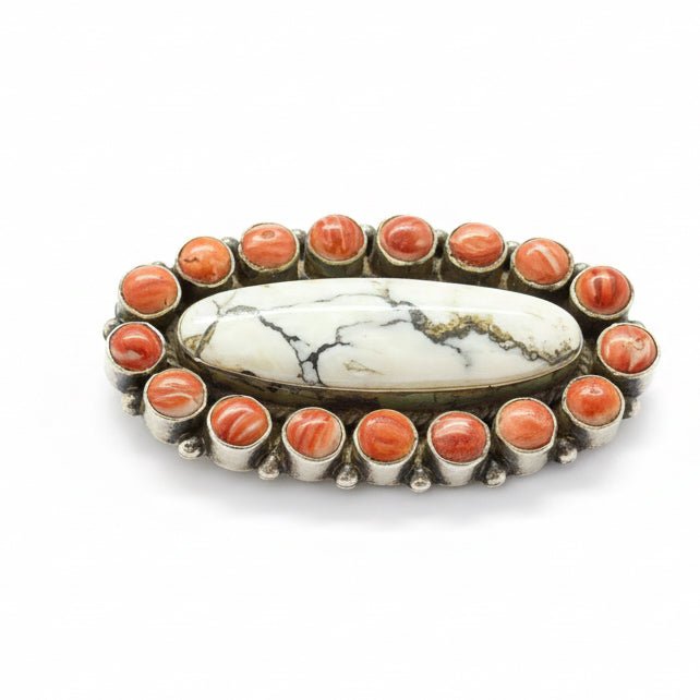 White Buffalo and Red Spiny Oyster Cluster Ring, Peterson Johnson - Turquoise Mustang