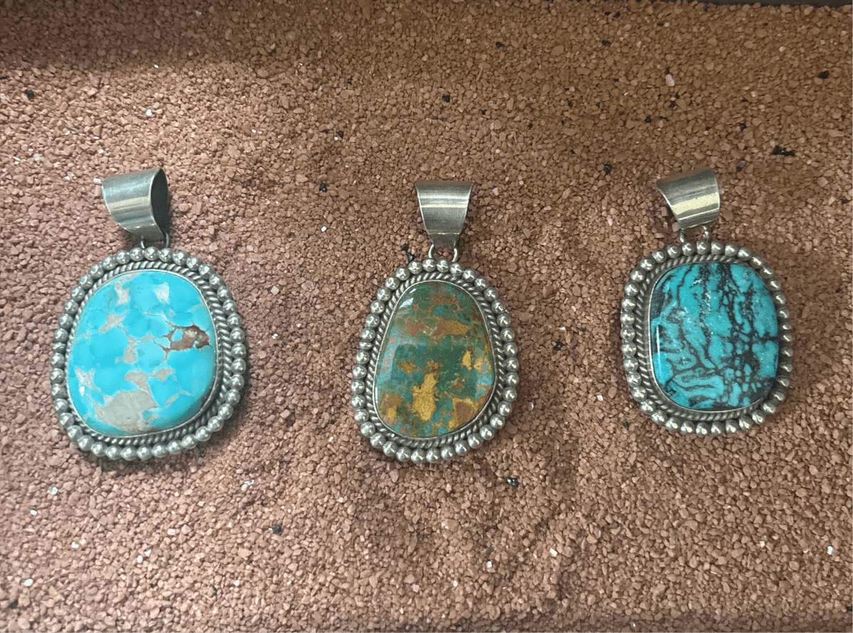 Assorted Large single stone Pendants by Mary Spencer: Number 8, Kingman Ceremonial, Royston, Birdseye Red Web - Turquoise Mustang