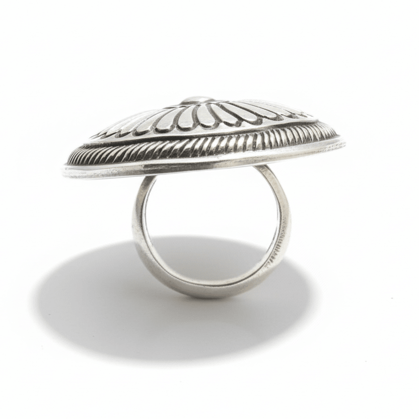 Heavy Round Concho/Shield Stamp Work Ring Size 8.5 by Calvin Martinez - Turquoise Mustang