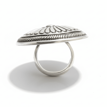 Heavy Round Concho/Shield Stamp Work Ring Size 8.5 by Calvin Martinez - Turquoise Mustang