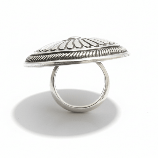 Heavy Round Concho/Shield Stamp Work Ring Size 8.5 by Calvin Martinez - Turquoise Mustang