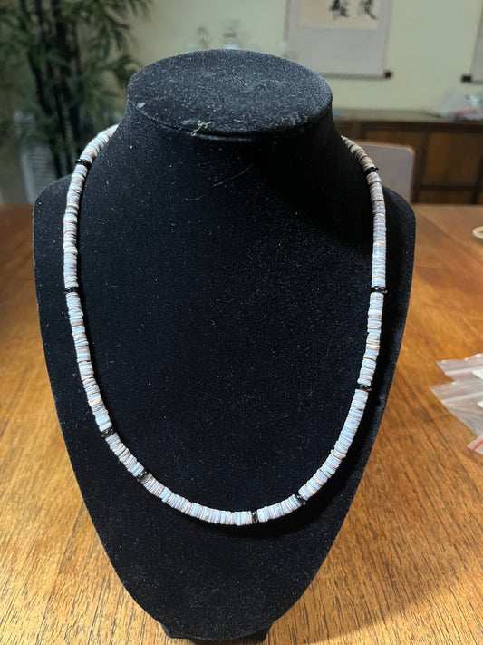 28" Shell Heishi and Black Rondelles Necklace - Turquoise Mustang