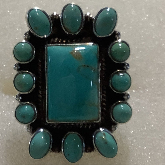Ring, Turquoise, Rectangle Center with 12 stone bezel, DD - Turquoise Mustang