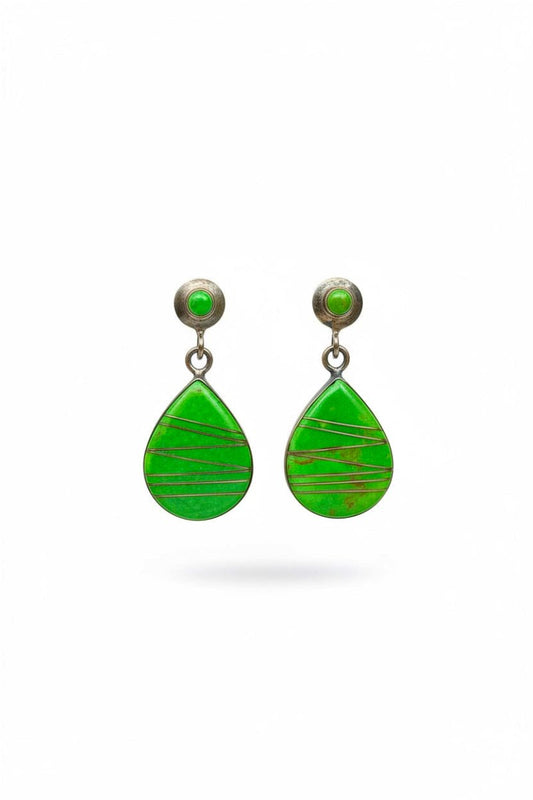 Vintage Navajo Inlaid Gaspeite Drop Dangle Earrings - Turquoise Mustang