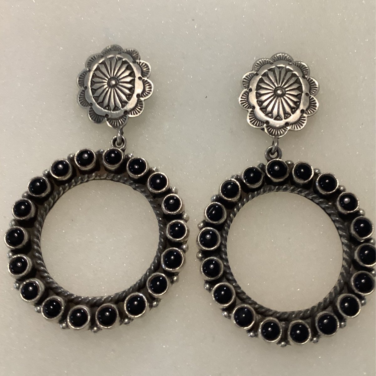 Earrings, Onyx, Concho Stud with Circle Cluster drop, DD (1) - Turquoise Mustang