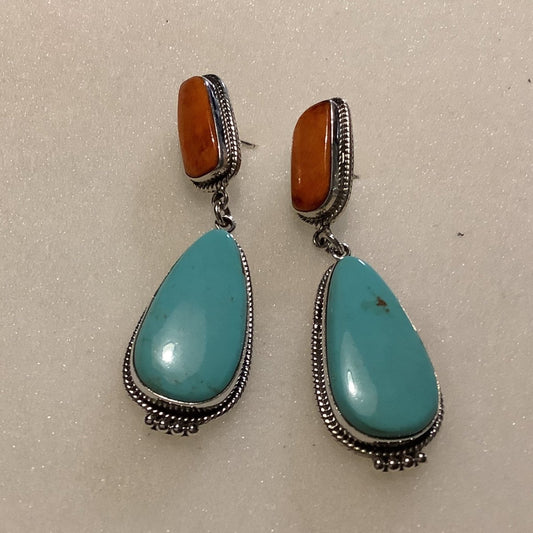 Earrings, Turquoise, Teardrop Cab, Spiny Oyster Studs, DD - Turquoise Mustang
