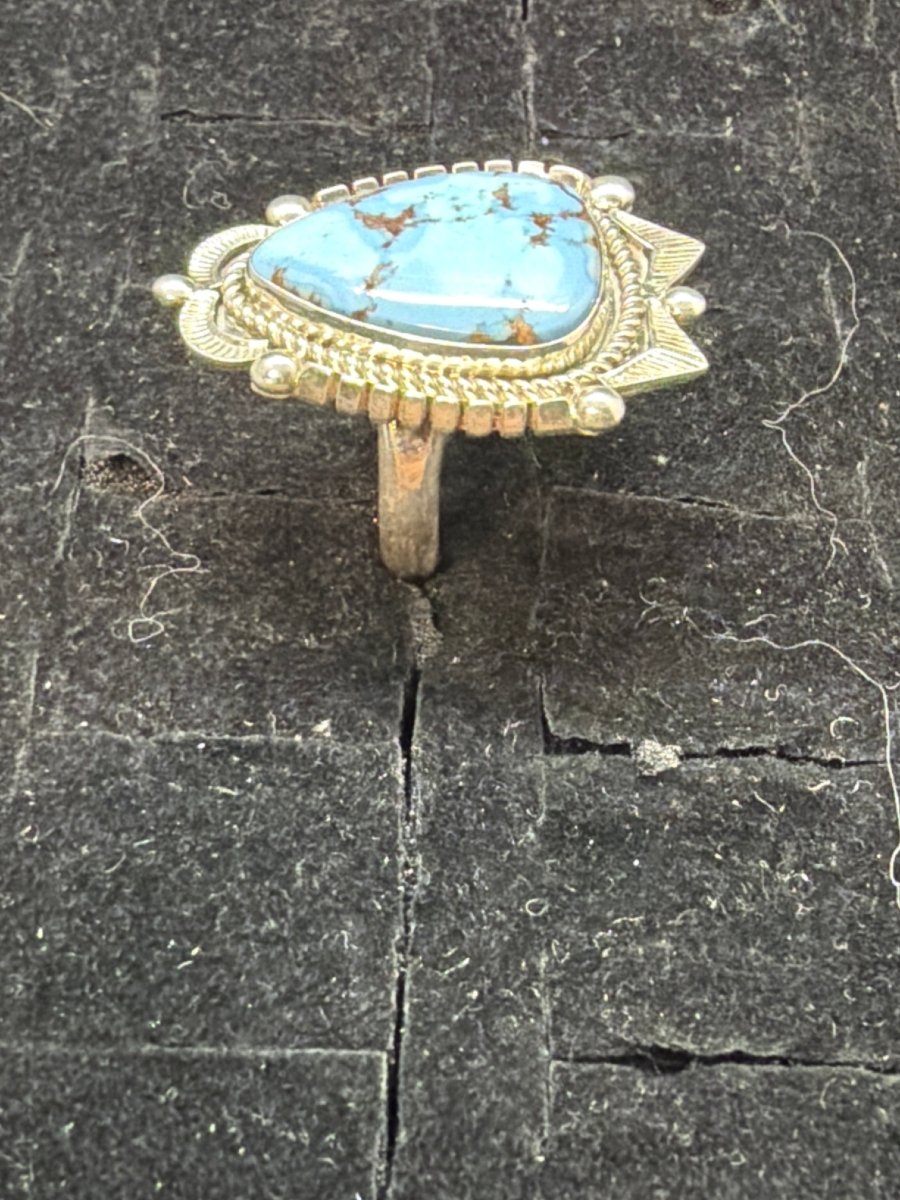Golden Hills Turquoise Ring Adjustable by Glen Washington - Turquoise Mustang