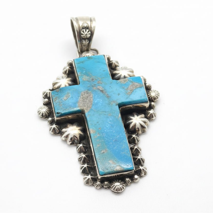 The Passion Flower Cross Pendant in Premium Blue Kingman - Turquoise Mustang