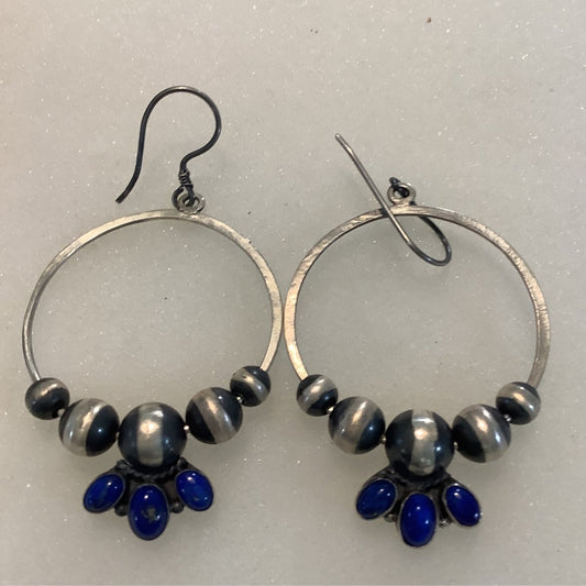 Earrings,Lapis, Navajo Pearl Hoops with 3 Lapis ovals, DD - Turquoise Mustang