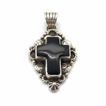 Small Black Onyx Cabochon Cross Pendant with Star & Leaf Bezel, Dan Dodson - Turquoise Mustang