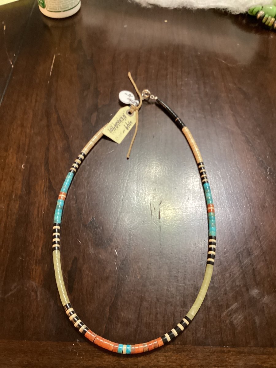 Necklace, 16" Graduated Mixed Turquoise & Jet Perfect Heishi, Santa Domingo, Gerard and Mary Calabaza - Turquoise Mustang