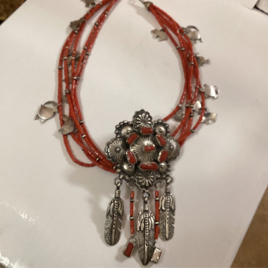 Lester James 20" 5 - strand, Mediterranean Coral tubes Necklace with Repoussee Enhancer - Turquoise Mustang