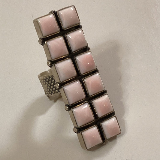 Ring, 12 square Stone, Pink queen conch, adjustable, unknown - Turquoise Mustang
