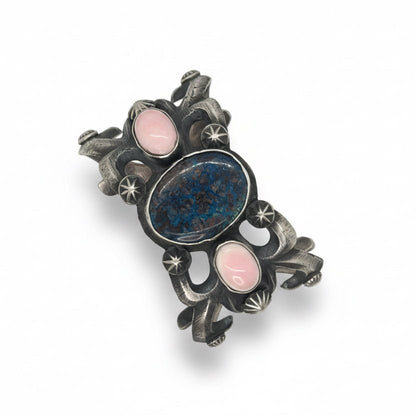 Tufa Cast Sterling Cuff with Deep Blue Turquoise and Pink Queen Conch, by Chimney Butte - Turquoise Mustang