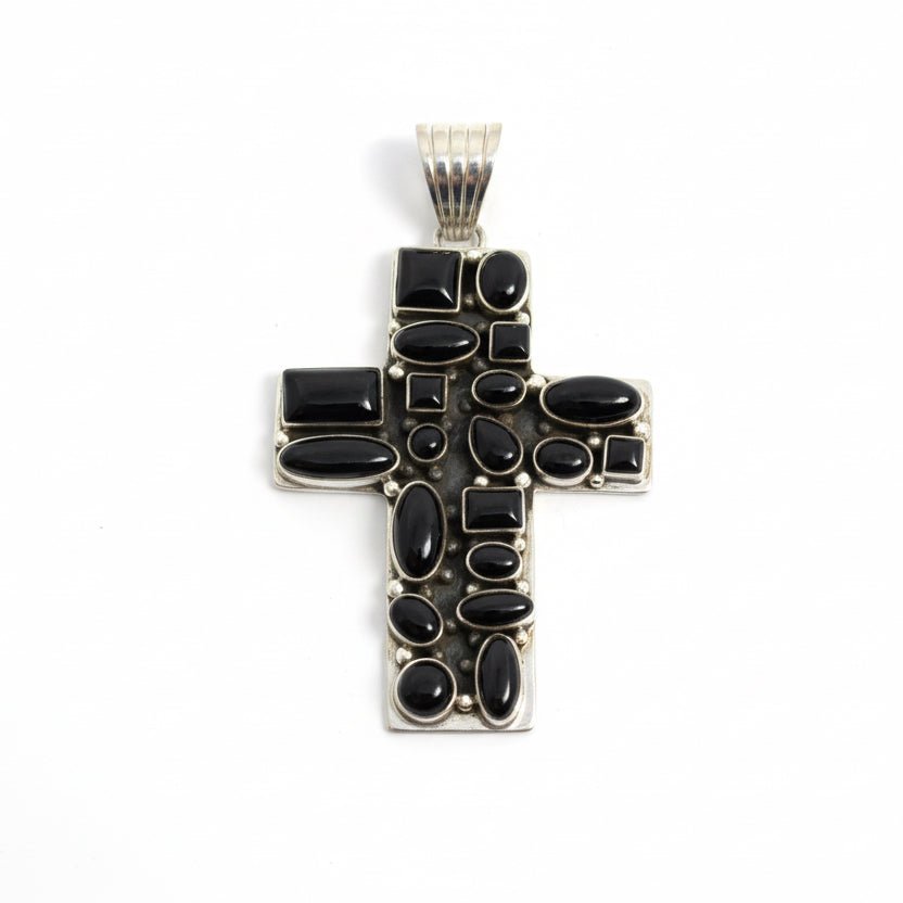 The Peony Cluster Cross Pendant in Black Onyx - Turquoise Mustang