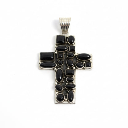 The Peony Cluster Cross Pendant in Black Onyx - Turquoise Mustang