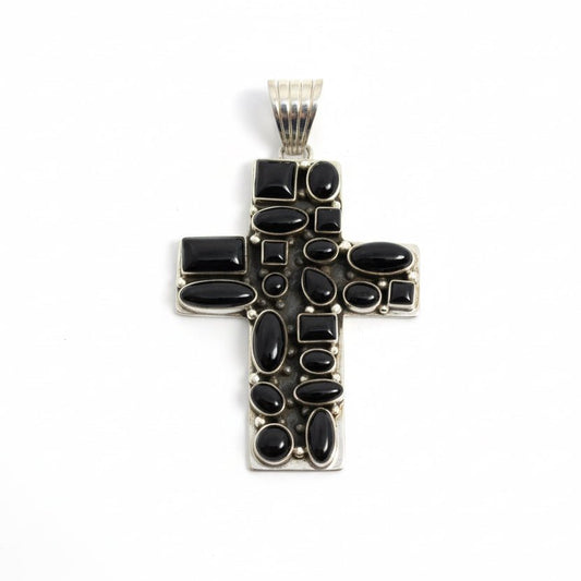 The Peony Cluster Cross Pendant in Black Onyx - Turquoise Mustang
