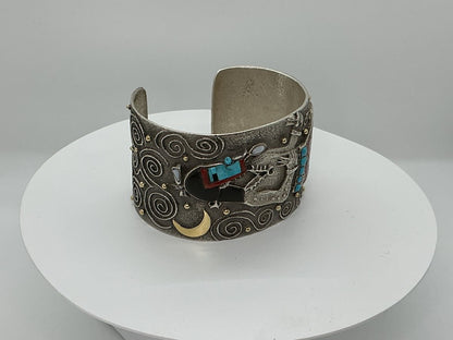 Monumental Storyteller Cuff with Turquoise, Mother of Pearl, Red Coral, Black Jet and 14K Gold Accent, by Philander Begay - Turquoise Mustang