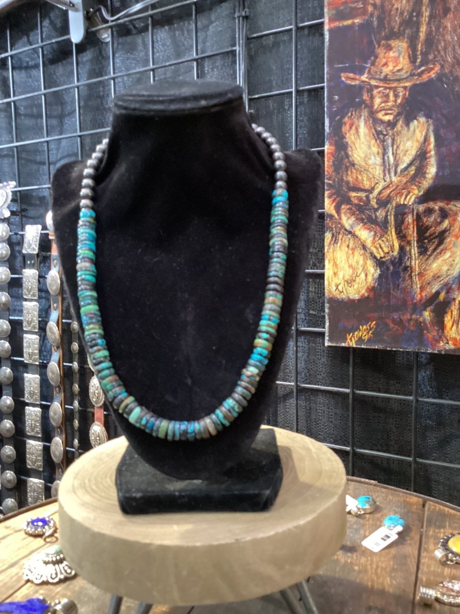 19” x 10 - 12mm Polychrome Cloud Mountain Turquoise Necklace with 8mm Silver Pearls - Turquoise Mustang