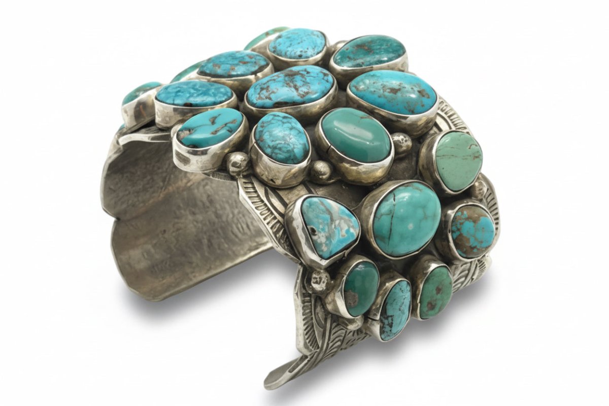 Extra - Wide 23 - Stone Cluster Cuff in Mixed Turquoise, Chris Yazzie - Turquoise Mustang