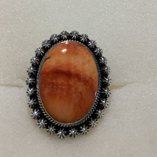Ring, Orange Spiney Oyster, Fat Oval with Starburst and rope bezel,DD - Turquoise Mustang