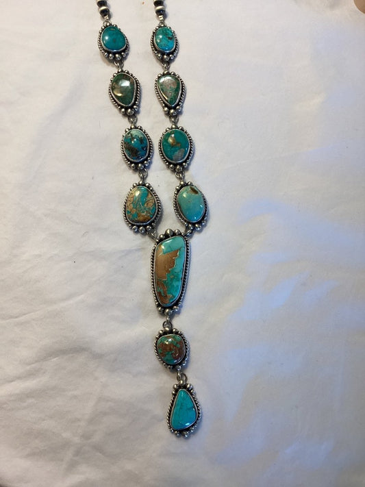 Necklace, Lariat, Royston Turquoise, 11 Freeform cabs, K Yazzie - Turquoise Mustang