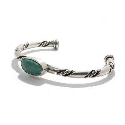 Oval Turquoise Twisted Wire Sterling Silver Cuff by VC, Navajo - Turquoise Mustang