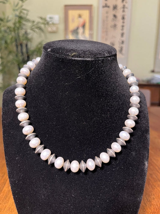 19” 12mm Freshwater Pearls and 10mm Corrugated Silver Pearls by TM - Turquoise Mustang