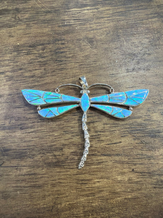 Zuni Inlay Blue Opal Dragonfly Pendant - Turquoise Mustang