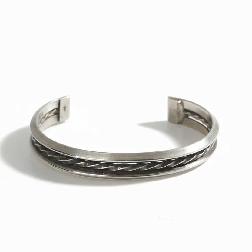 Twisted Rope Split-Band All-Sterling Silver Cuff, Navajo - Turquoise Mustang